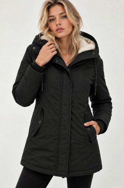 Fleece Lined Hooded Long Sleeve Parka Jacket