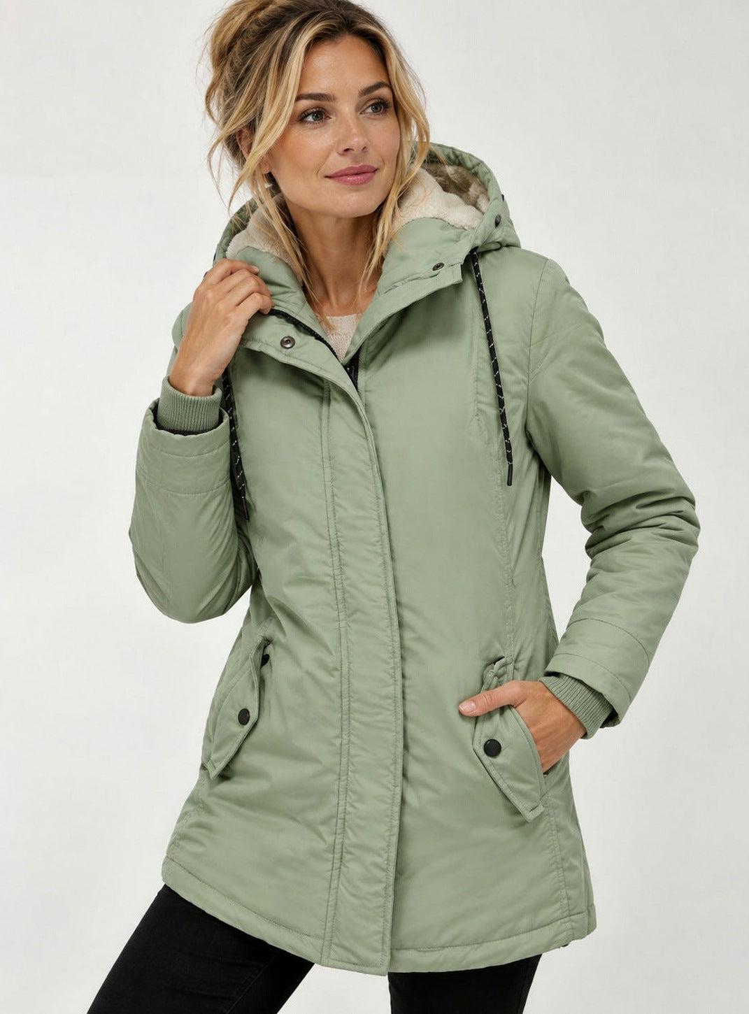 Fleece Lined Hooded Long Sleeve Parka Jacket