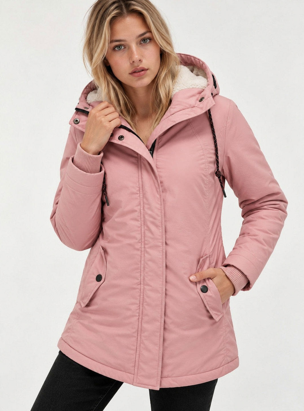 Fleece Lined Hooded Long Sleeve Parka Jacket