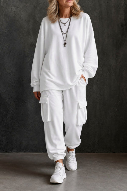 Fleece Oversized Cargo Long Sleeve Two Piece Set
