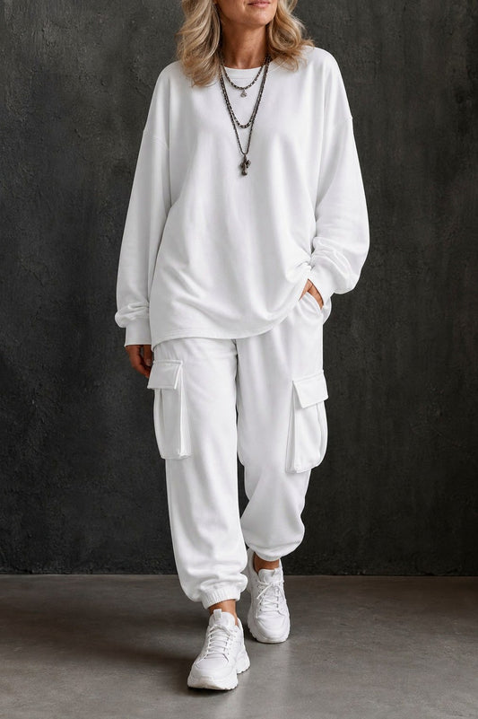 Fleece Oversized Cargo Long Sleeve Two Piece Set