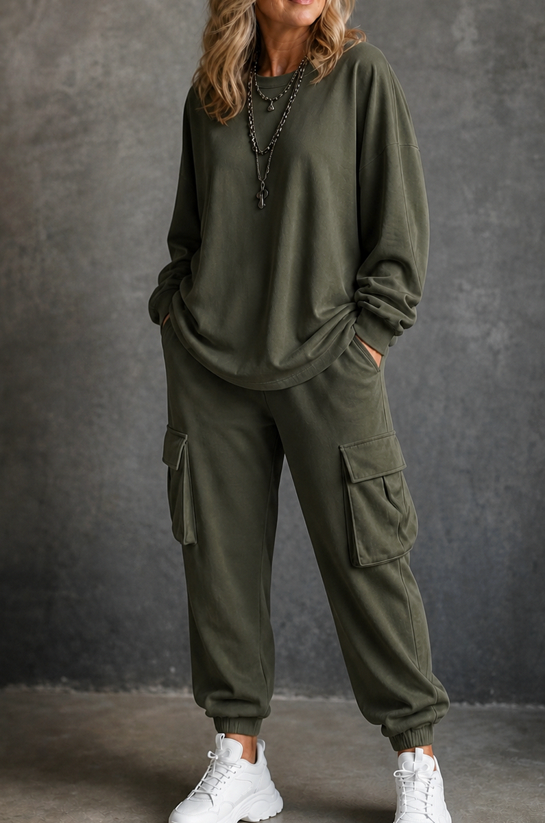 Fleece Oversized Cargo Long Sleeve Two Piece Set