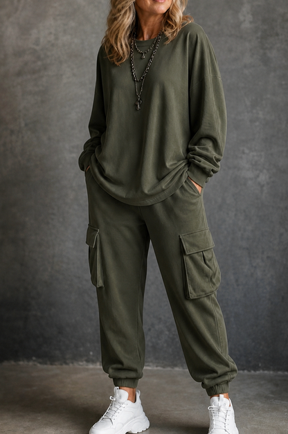Fleece Oversized Cargo Long Sleeve Two Piece Set