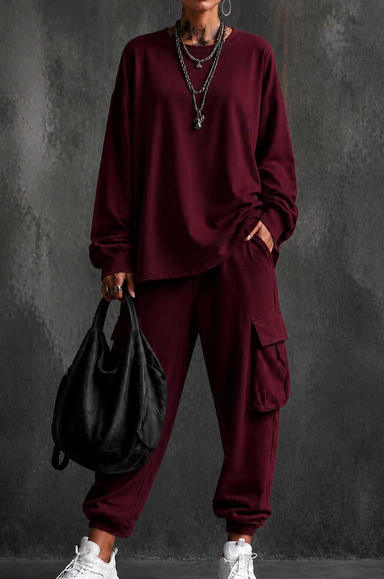 Fleece Oversized Cargo Long Sleeve Two Piece Set
