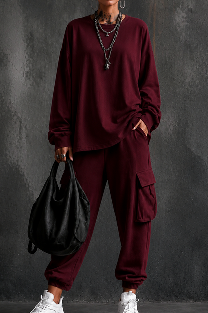 Fleece Oversized Cargo Long Sleeve Two Piece Set