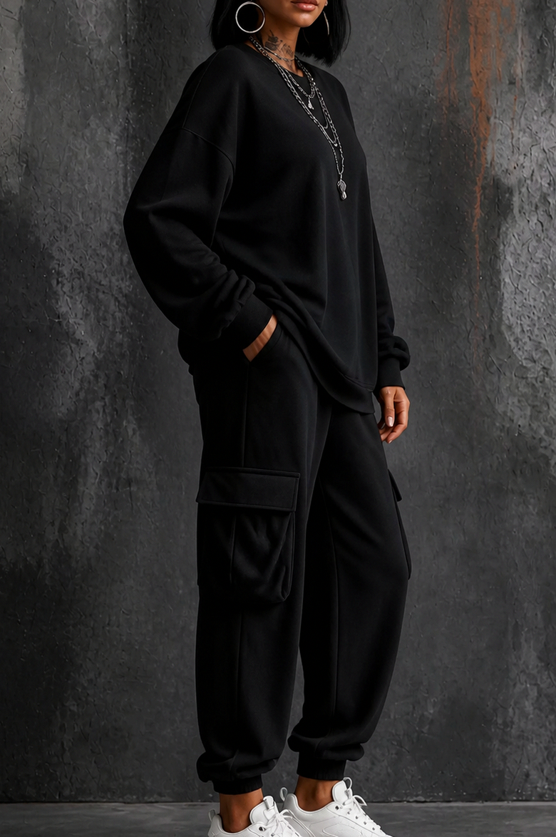 Fleece Oversized Cargo Long Sleeve Two Piece Set