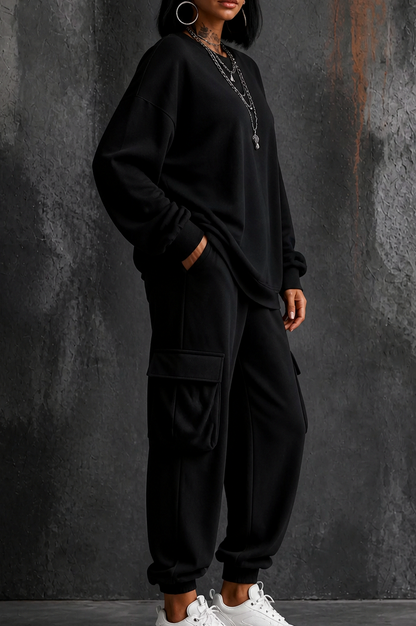 Fleece Oversized Cargo Long Sleeve Two Piece Set
