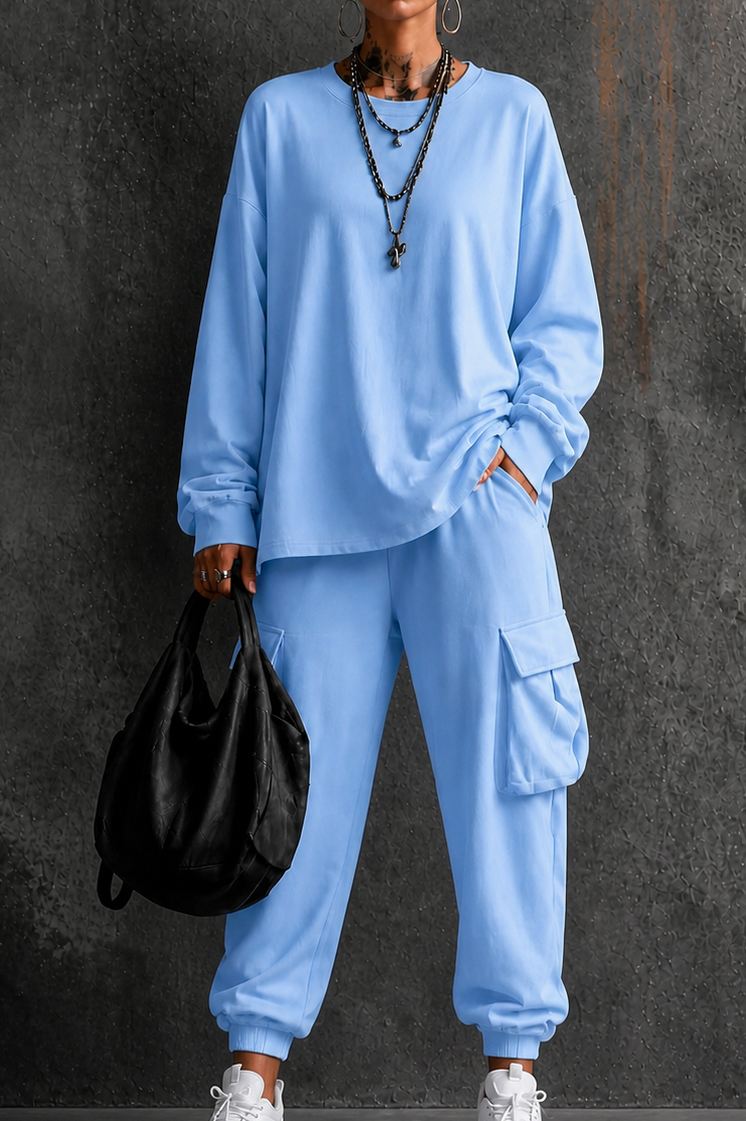Fleece Oversized Cargo Long Sleeve Two Piece Set