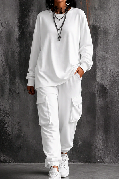Fleece Oversized Cargo Long Sleeve Two Piece Set