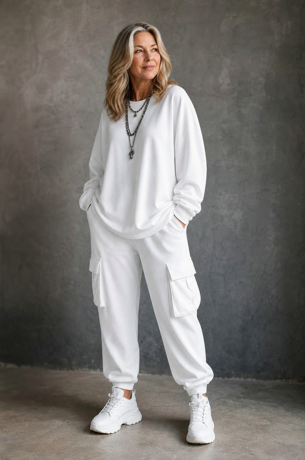 Fleece Oversized Cargo Long Sleeve Two Piece Set