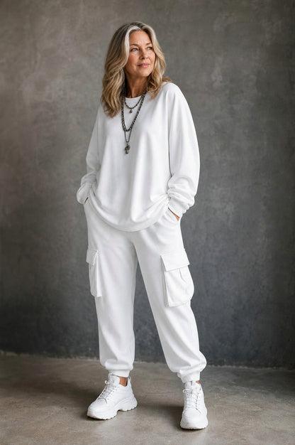 Fleece Oversized Cargo Long Sleeve Two Piece Set