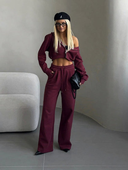 Fleece Cropped Zip Hoodie Wide Leg Two Piece Set