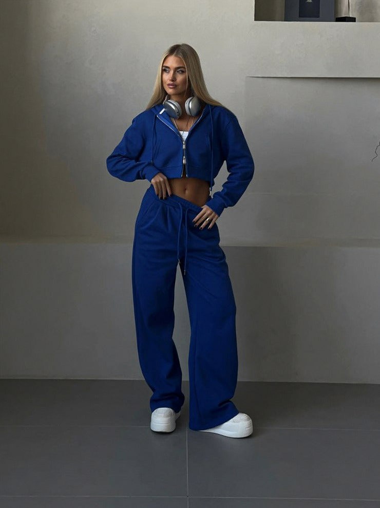 Fleece Cropped Zip Hoodie Wide Leg Two Piece Set