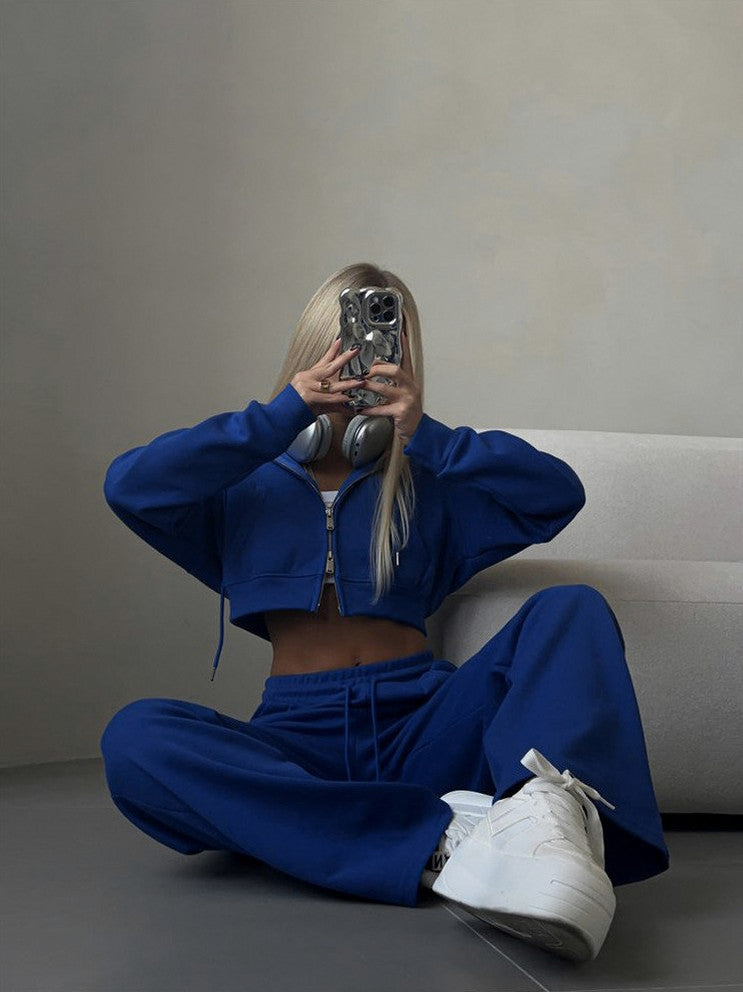Fleece Cropped Zip Hoodie Wide Leg Two Piece Set