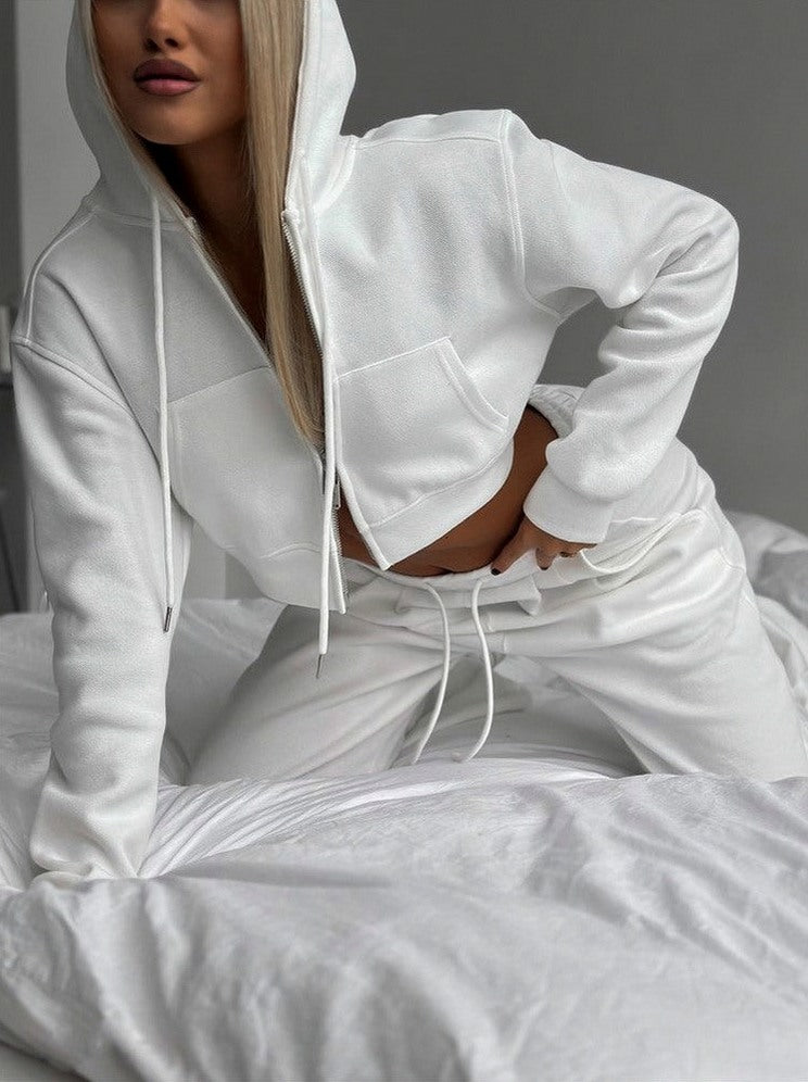 Fleece Cropped Zip Hoodie Wide Leg Two Piece Set