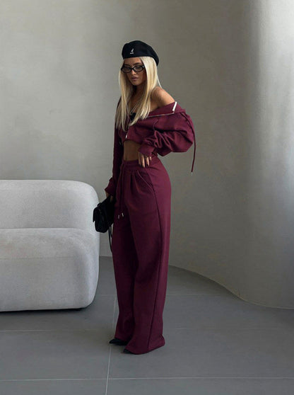 Fleece Cropped Zip Hoodie Wide Leg Two Piece Set