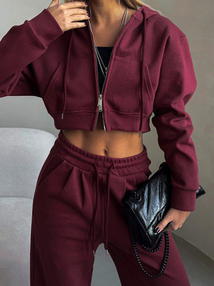 Fleece Cropped Zip Hoodie Wide Leg Two Piece Set