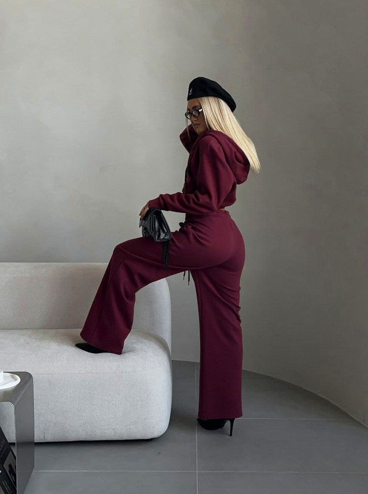 Fleece Cropped Zip Hoodie Wide Leg Two Piece Set