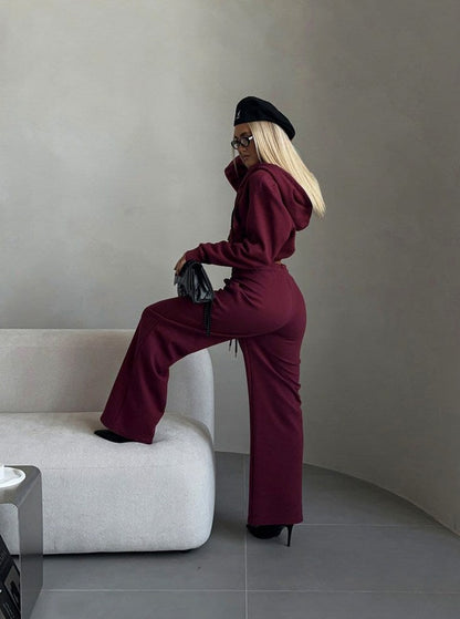 Fleece Cropped Zip Hoodie Wide Leg Two Piece Set