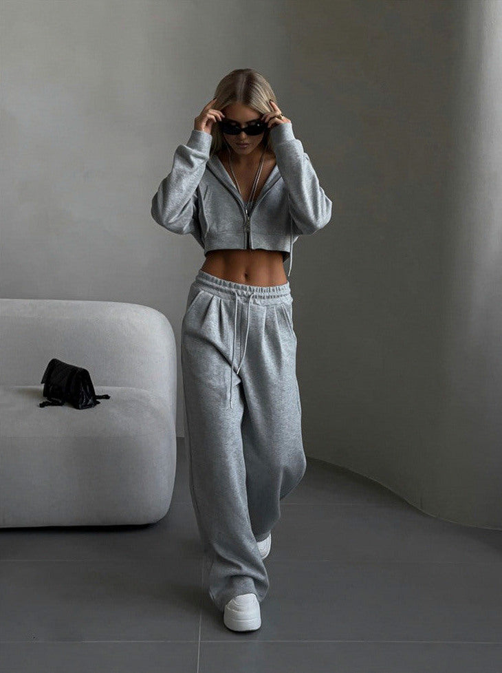 Fleece Cropped Zip Hoodie Wide Leg Two Piece Set