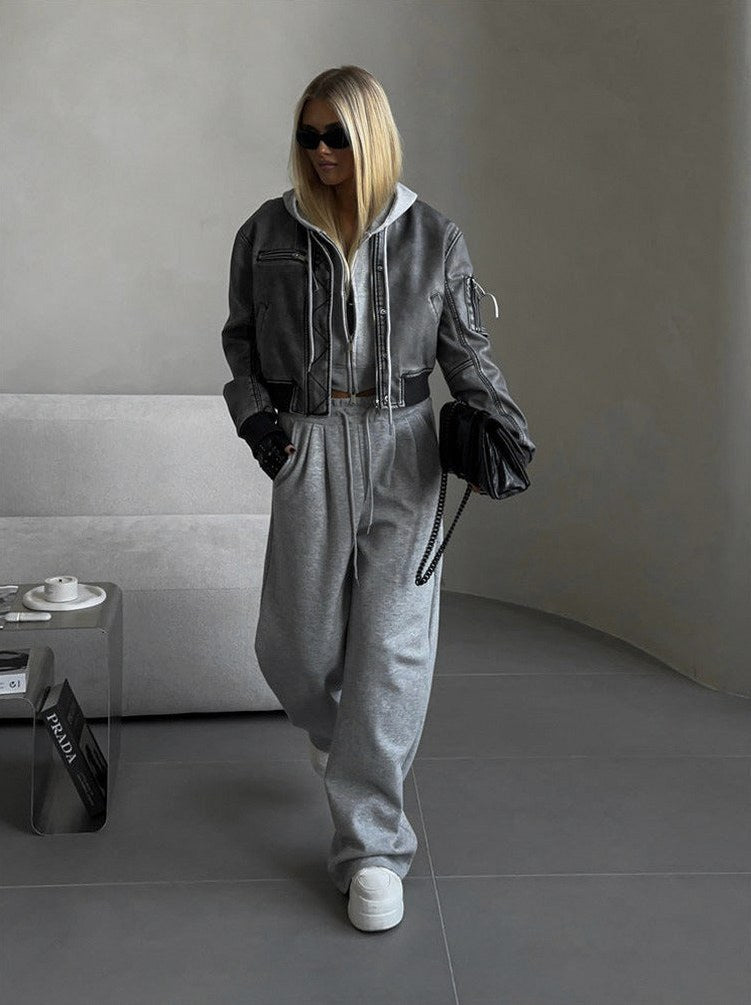 Fleece Cropped Zip Hoodie Wide Leg Two Piece Set