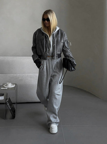 Fleece Cropped Zip Hoodie Wide Leg Two Piece Set