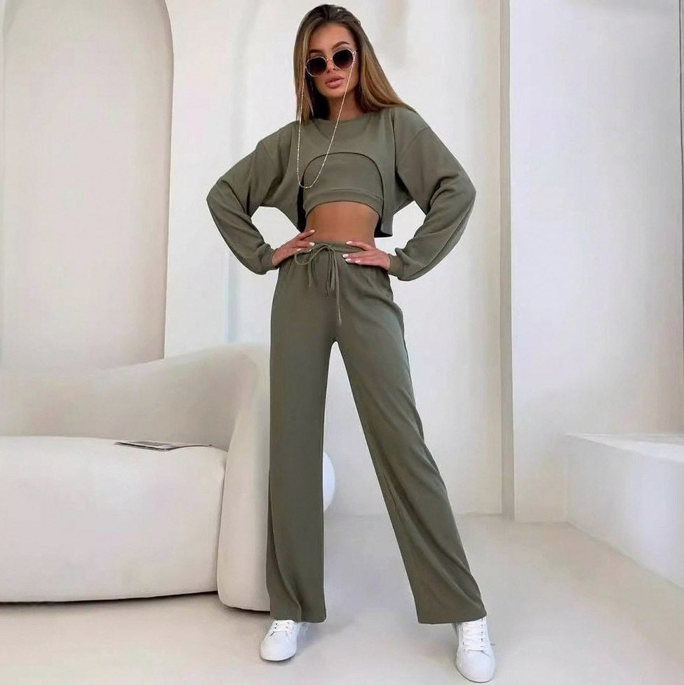 Knit Ribbed Cropped Long Sleeve Three Piece Set
