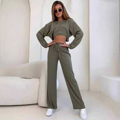 Knit Ribbed Cropped Long Sleeve Three Piece Set