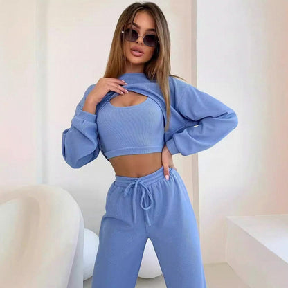 Knit Ribbed Cropped Long Sleeve Three Piece Set