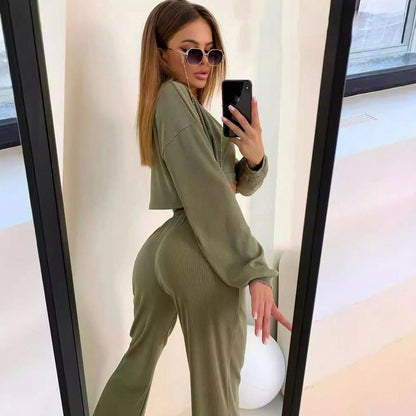 Knit Ribbed Cropped Long Sleeve Three Piece Set