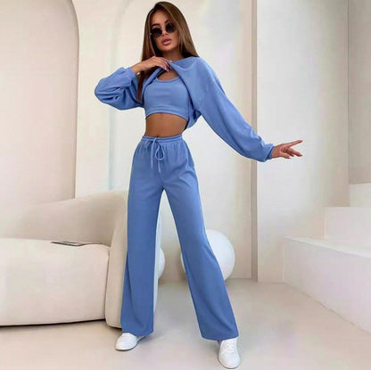 Knit Ribbed Cropped Long Sleeve Three Piece Set