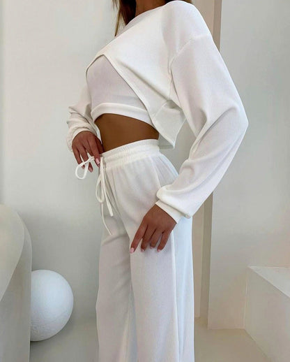 Knit Ribbed Cropped Long Sleeve Three Piece Set