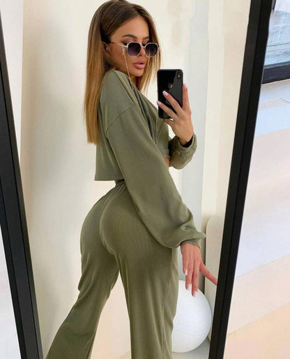 Knit Ribbed Cropped Long Sleeve Three Piece Set