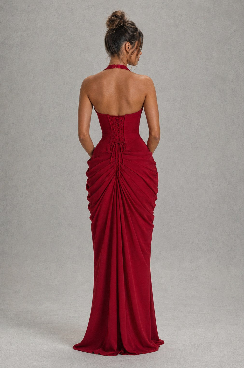 Jersey Halter Plunge Ruched Maxi Dress