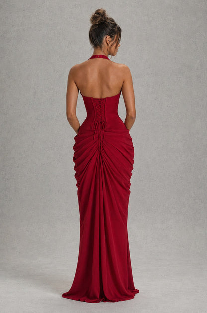 Jersey Halter Plunge Ruched Maxi Dress