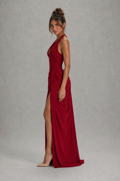 Jersey Halter Plunge Ruched Maxi Dress
