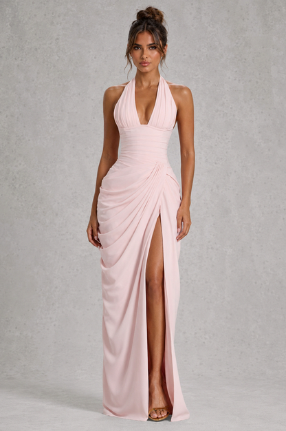 Jersey Halter Plunge Ruched Maxi Dress