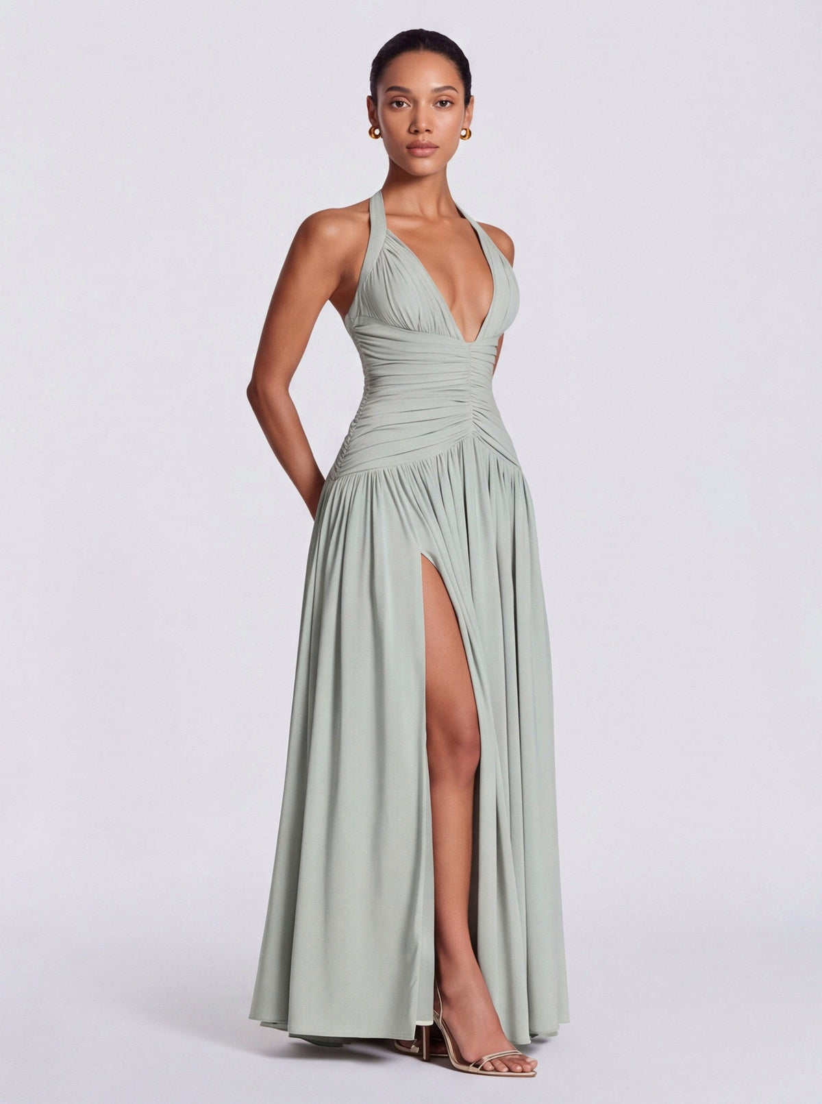 Jersey Halter Ruched Maxi Dress