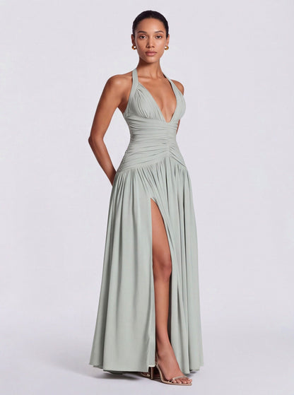Jersey Halter Ruched Maxi Dress