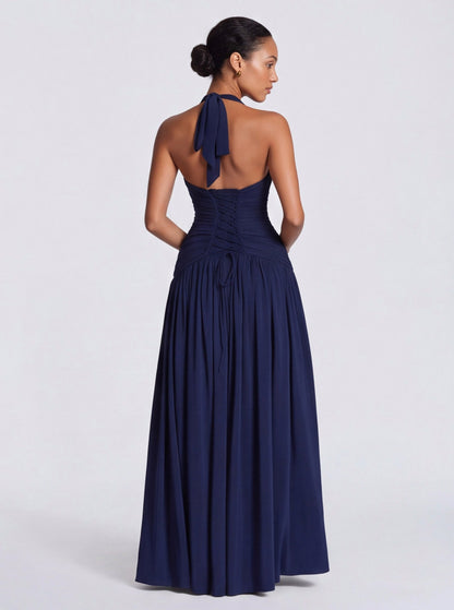 Jersey Halter Ruched Maxi Dress