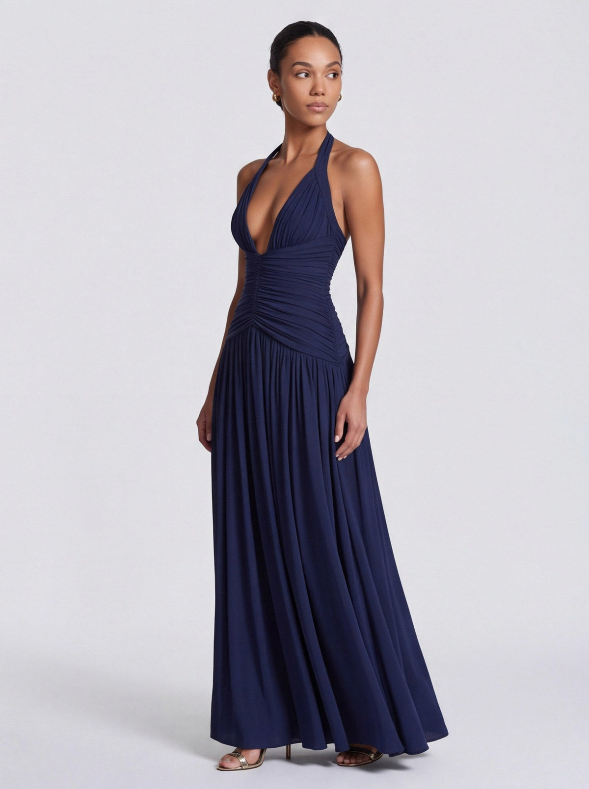 Jersey Halter Ruched Maxi Dress