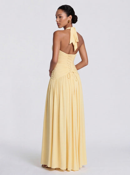 Jersey Halter Ruched Maxi Dress