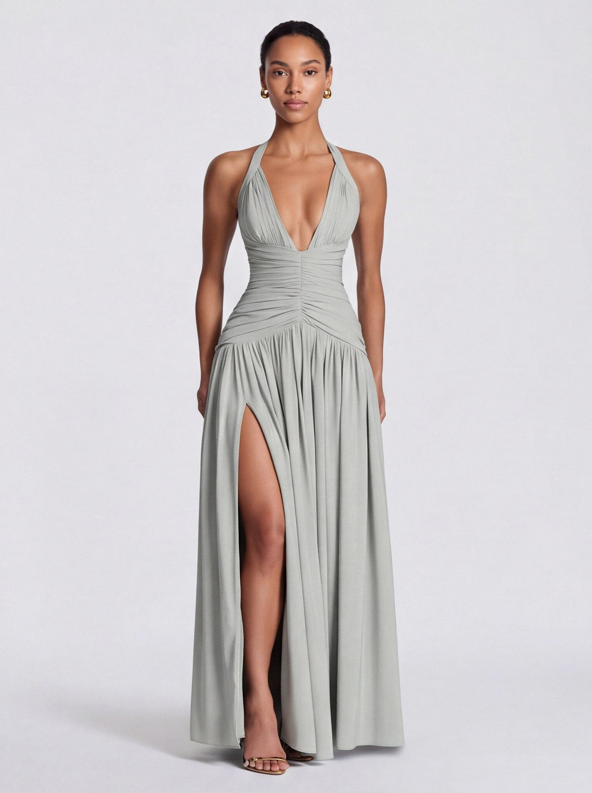 Jersey Halter Ruched Maxi Dress