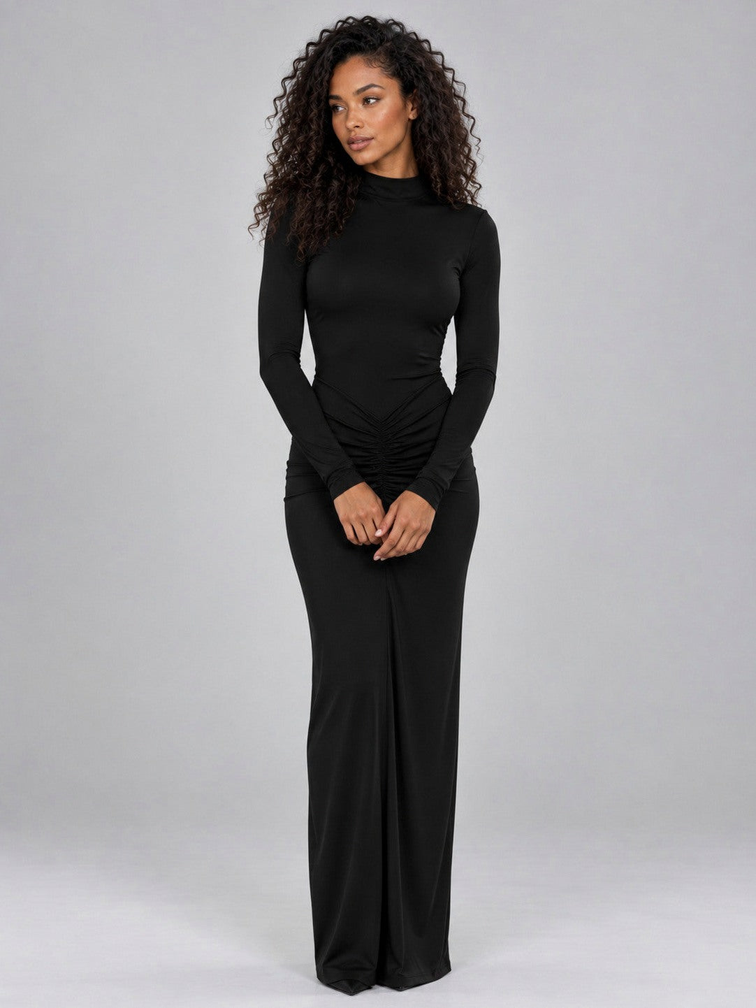 Jersey Long Sleeve Ruched Maxi Dress