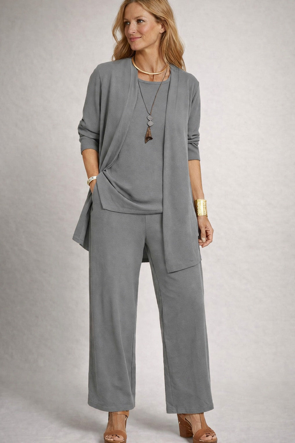 Knit Cardigan and Wide Leg Trousers Three Piece Set