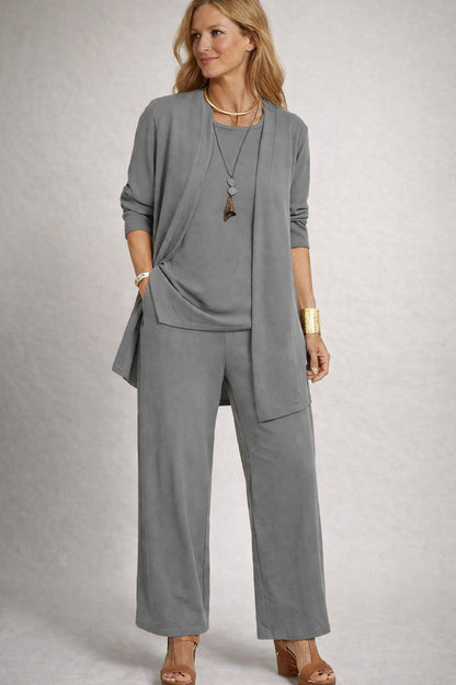 Knit Cardigan and Wide Leg Trousers Three Piece Set