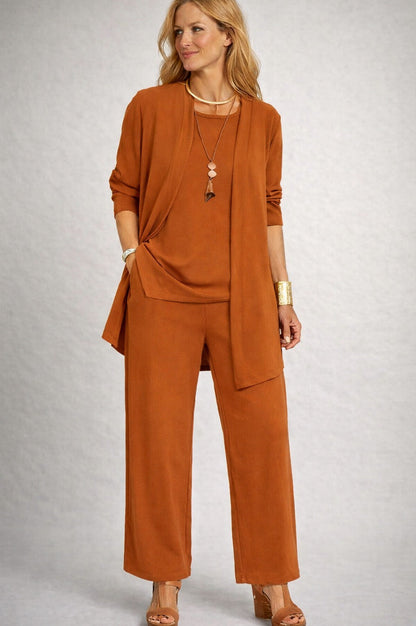 Knit Cardigan and Wide Leg Trousers Three Piece Set