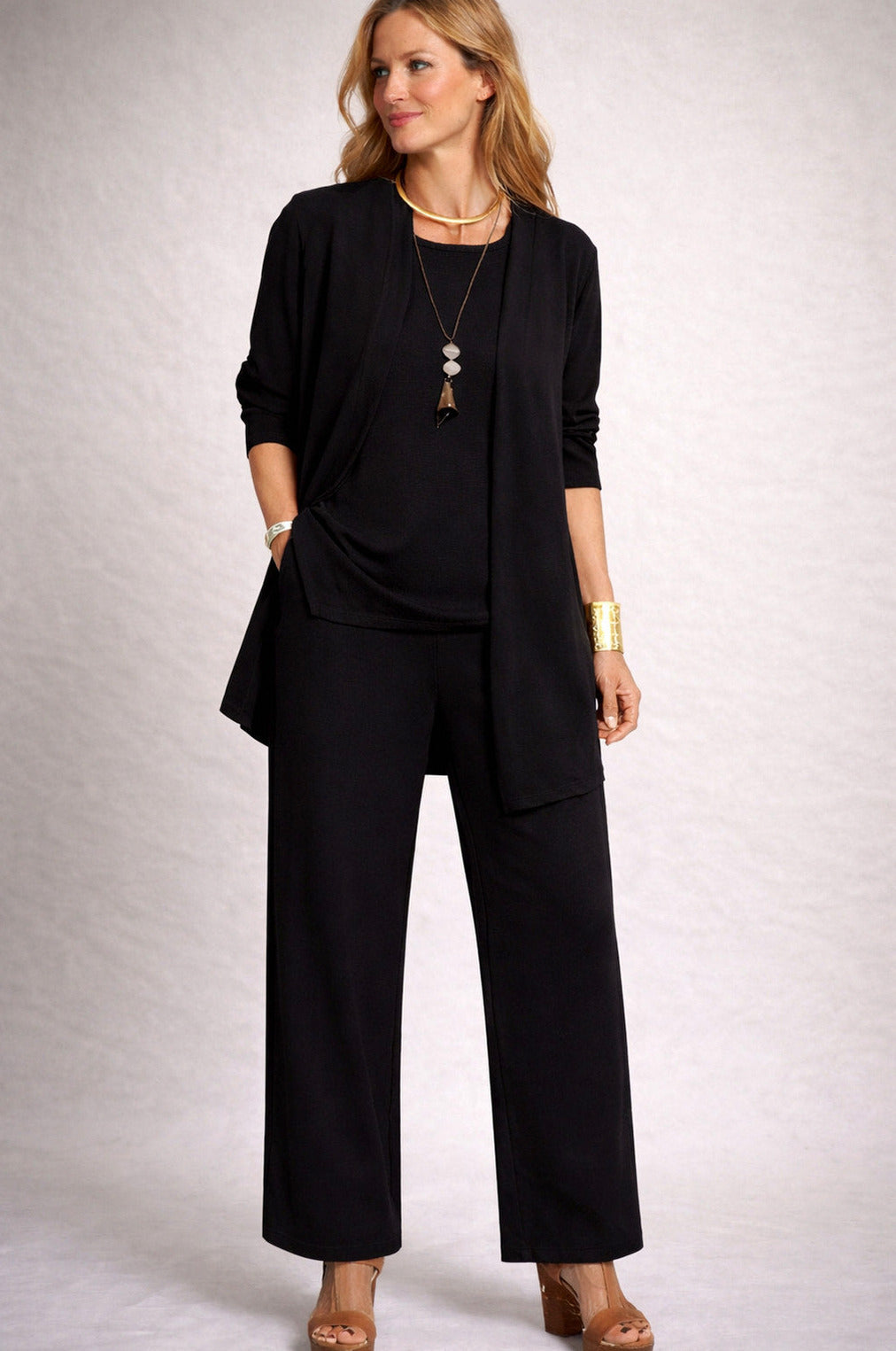 Knit Cardigan and Wide Leg Trousers Three Piece Set