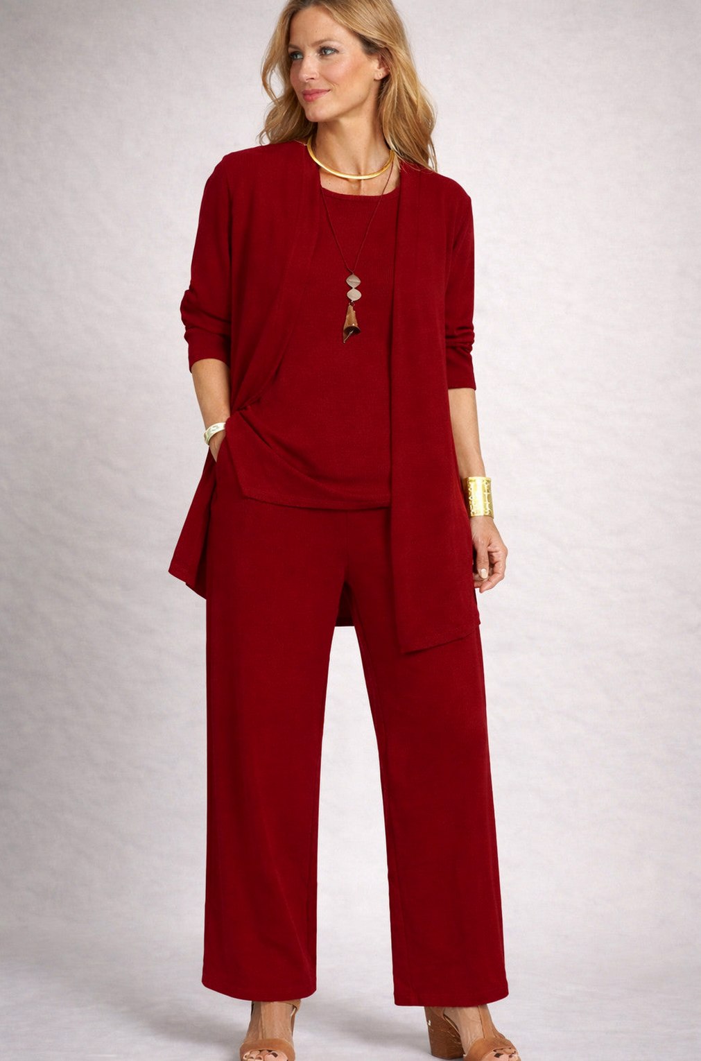 Knit Cardigan and Wide Leg Trousers Three Piece Set