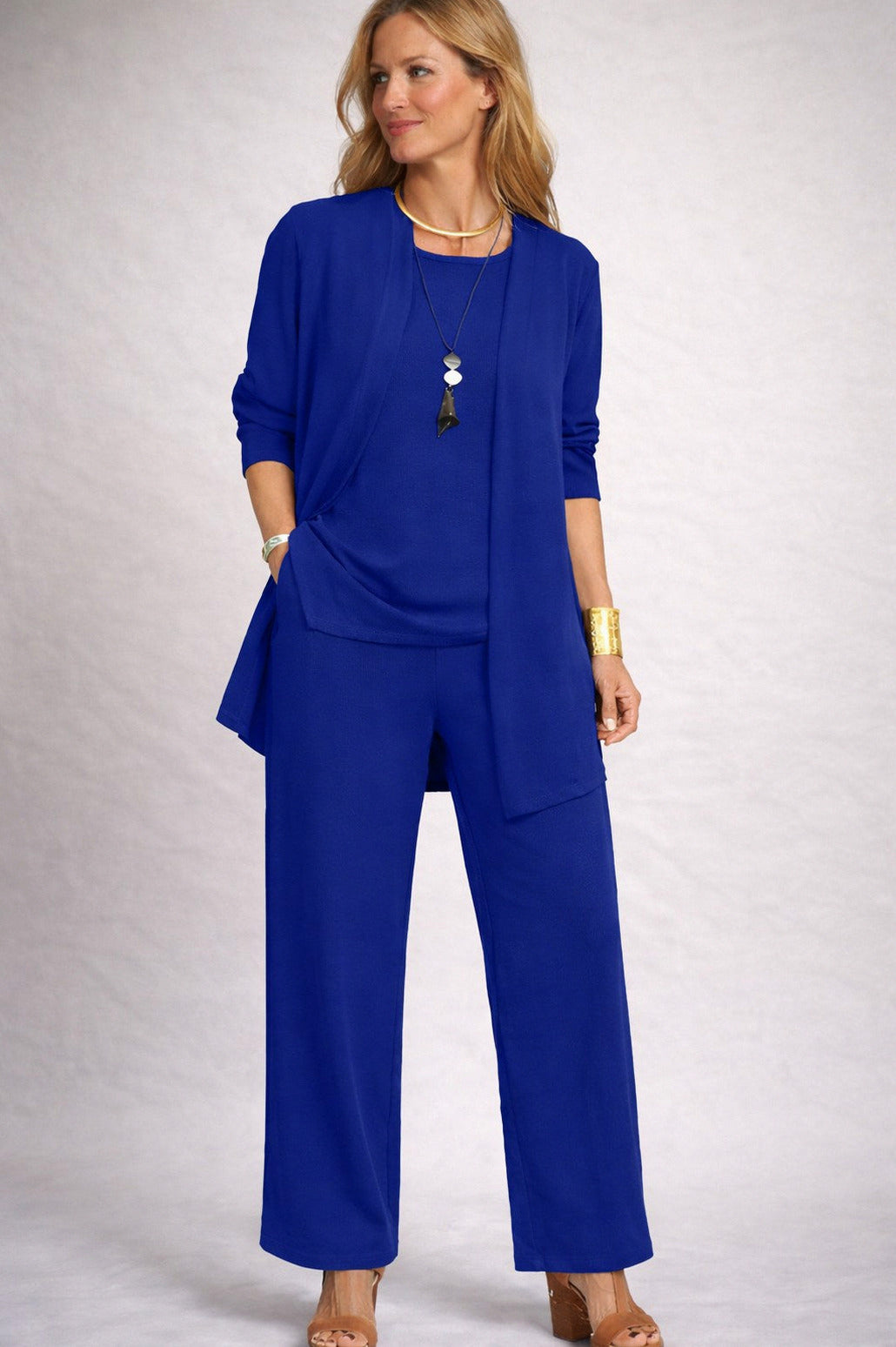Knit Cardigan and Wide Leg Trousers Three Piece Set